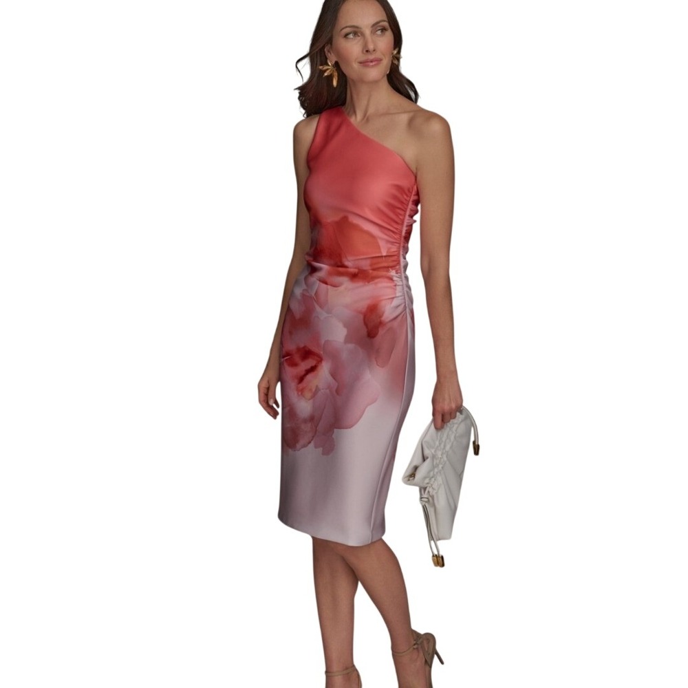 Donna Karan One Shoulder Floral Dress Women 14 NWT Ombre Sheath MSRP $169